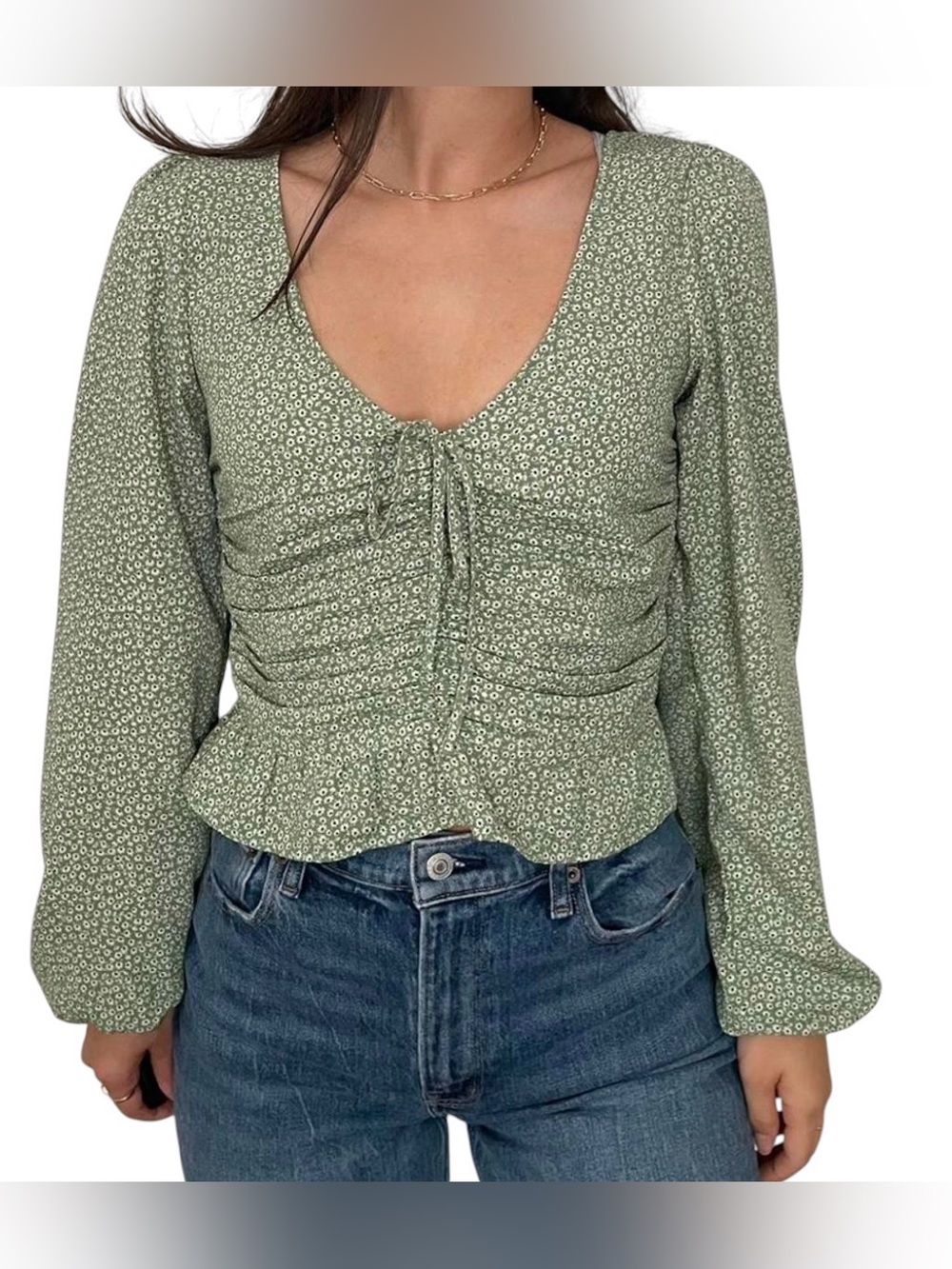 H&M Sage Green Ditsy Floral Ruched Peplum Blouse